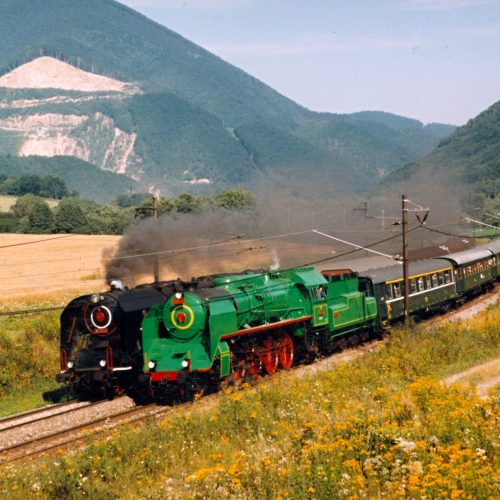 Súbežná jazda zvláštnych vlakov zo Žiliny do Vrútok vypravených v rámci osláv 150. výročia železníc na Slovensku 9.8.1998.